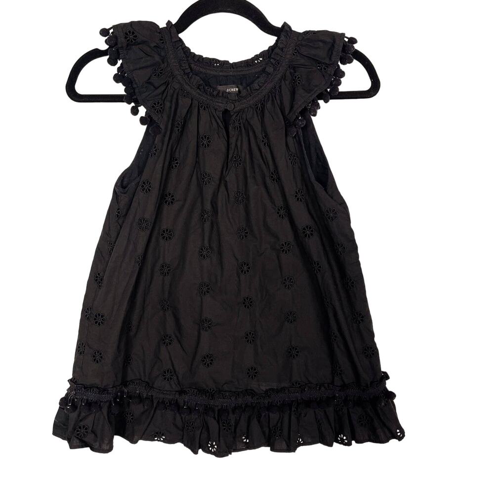 J Crew Womens XS Black Eyelet Pom Pom Top Ruffle Sleeveless Cotton Poplin Blouse